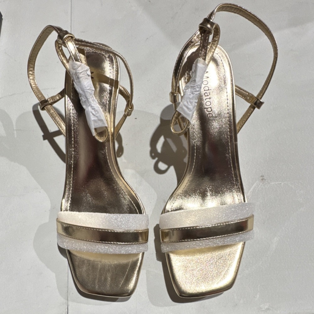 Modatope Women's Strappy Spool Heel Square Toe Gold White Buckle Sandals Shoes